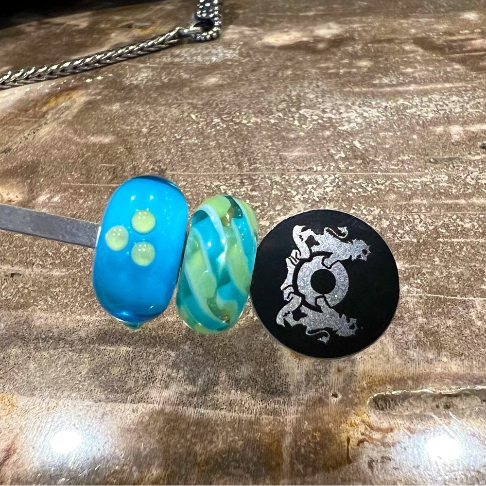 Authentic Trollbeads Set 2-Light Blue Braid & Turquoise Green Buds Murano Glass